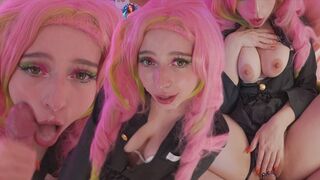 Mitsuri kanroji cosplayben élvezi a fasznak a lyukait és méretes arconlövellést kap